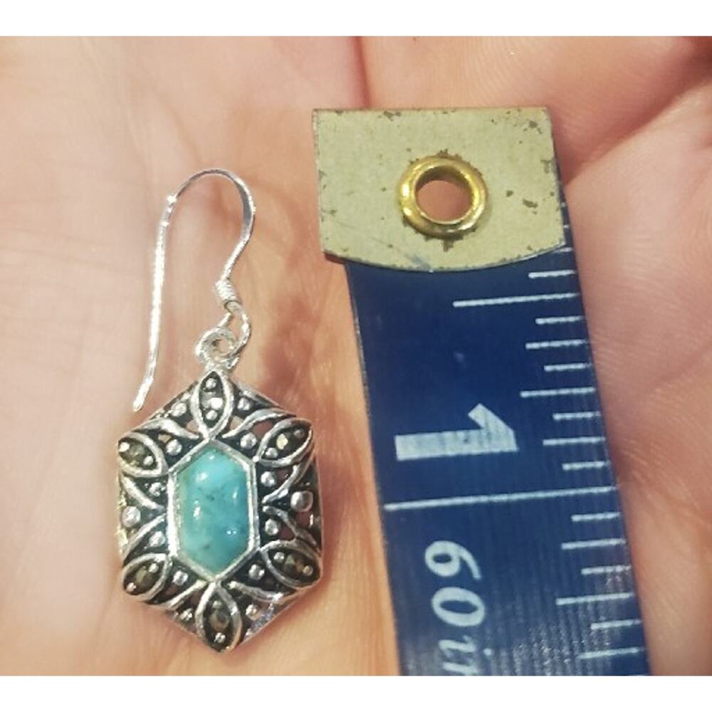 Southwest Style Earrings Dainty Small Turquoise Silver Tone 1.25" Signed - Picture 6 of 7